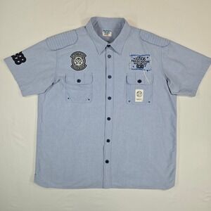 Parish Seas the Day Men Y2K Graphic Moto Button Up Shirt 4XL Blue